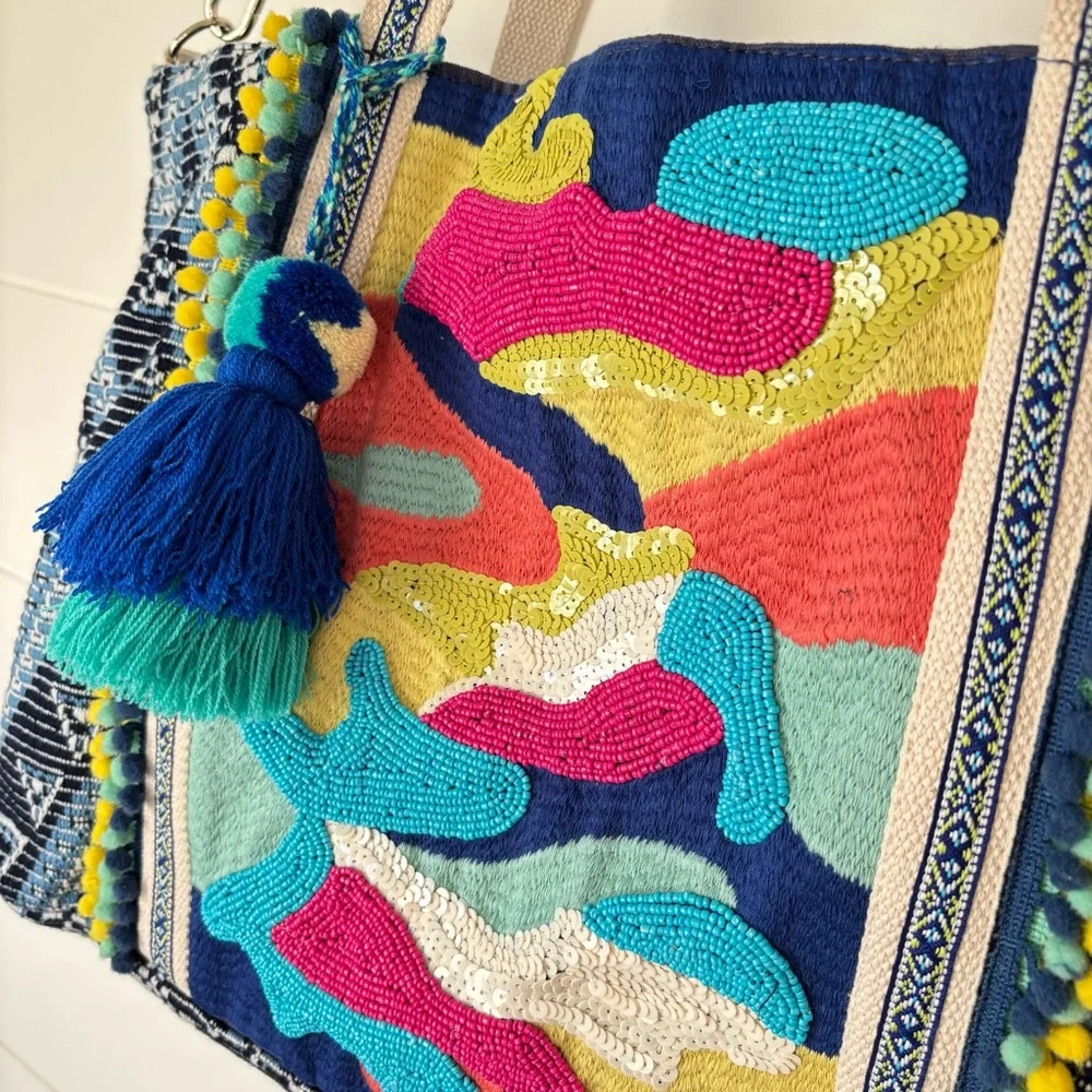 America & Beyond Daphne Embellished Multi Colored Hand Beaded Tote